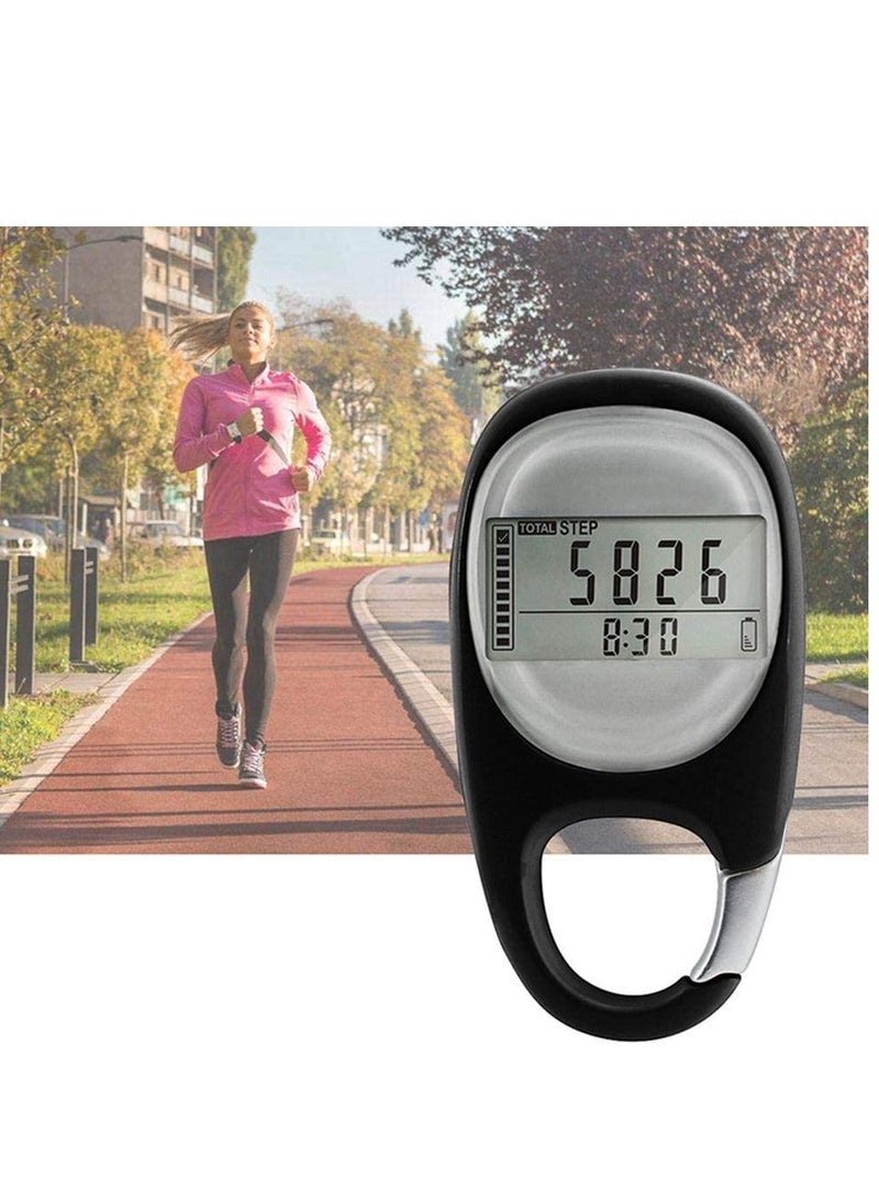 3D Pedometer Clip On Walking Step Counter for Men Women Kids Track Steps and Miles Km Calories Burned Activity Time 7 Days Memory Black