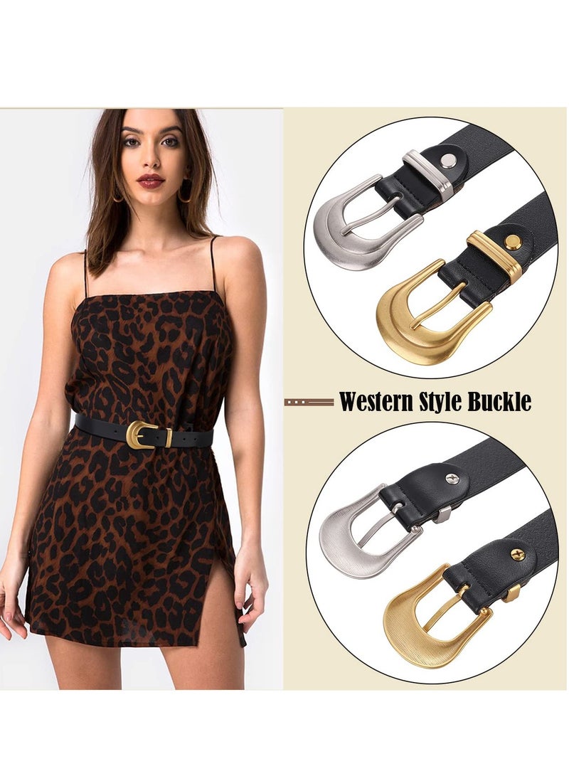 Leather Western Belts for Women, with Exquisite Buckle Western Design Belt for Women, Silver Gold Buckle Black Leather Belt Pants Jeans Belts for Women