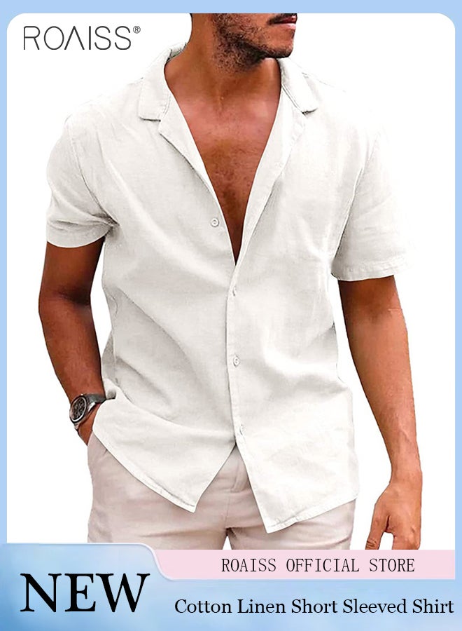 Fashionable Casual Cotton And Linen Shirt Men'S Summer Daily Lapel Solid Color Short Sleeve Button Closure Top