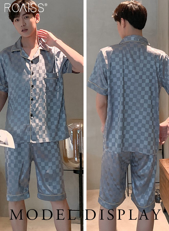 2 Piece Set Of Ice Silk Satin Plaid Printed Pajamas For Men Daily Wear Lapel Button Open Shirt And Elastic Waist Shorts Set Home Wear