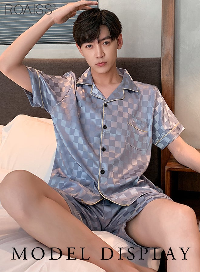 2 Piece Set Of Ice Silk Satin Plaid Printed Pajamas For Men Daily Wear Lapel Button Open Shirt And Elastic Waist Shorts Set Home Wear