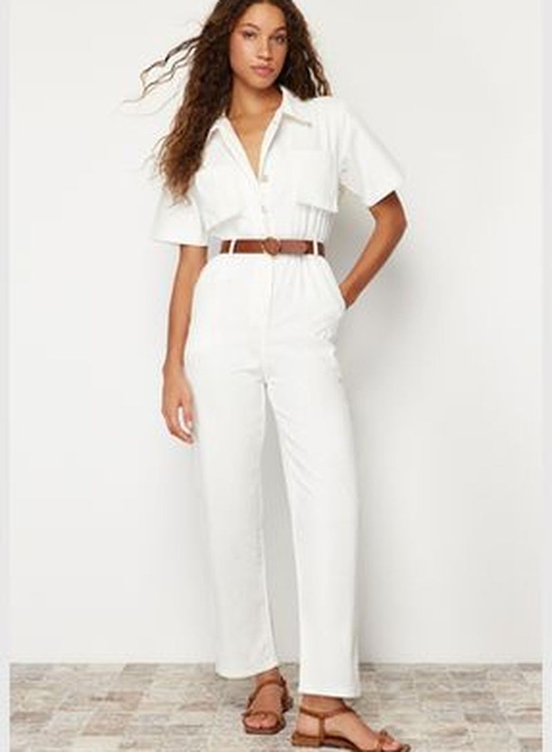White Short Sleeve Belted Denim Jumpsuit TWOSS24TU00022