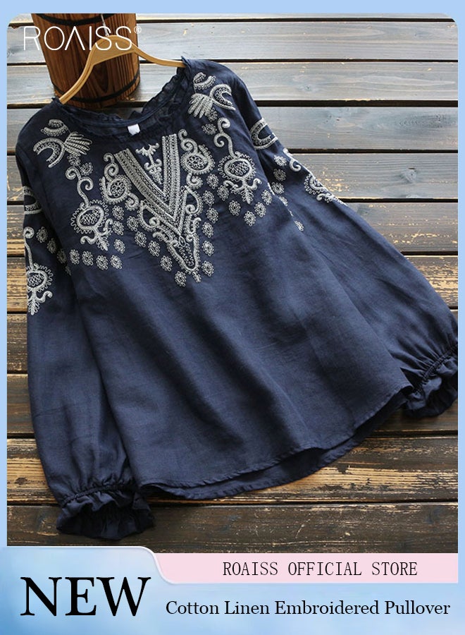 Fashion Casual Loose Fit Pullover Women'S Cotton And Linen Ethnic Style Embroidered T-Shirt Daily Commuting Top