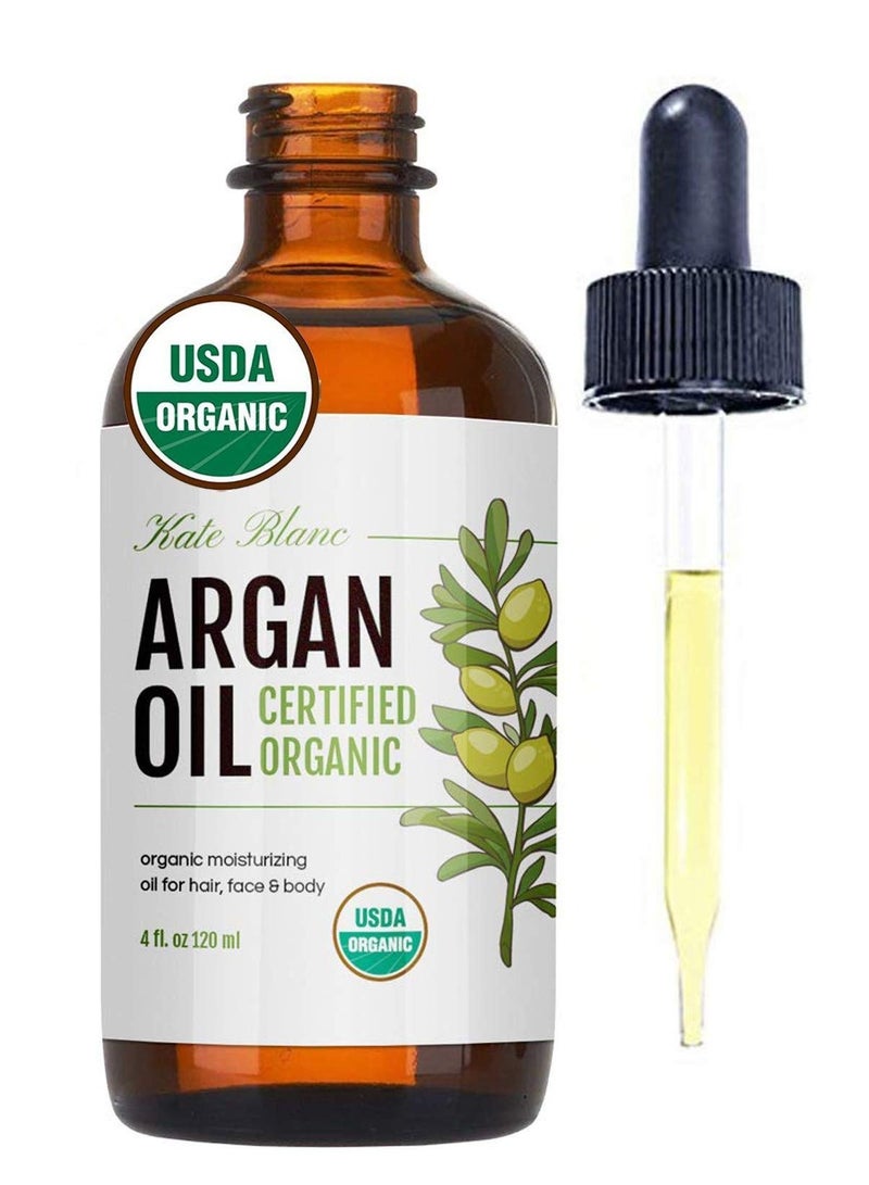 Kate Blanc Cosmetics Argan Oil for Hair, Face & Skin from Morocco. Promotes Hair Growth (4oz, USDA Certified Organic, Cold Pressed & 100% Pure, Light)