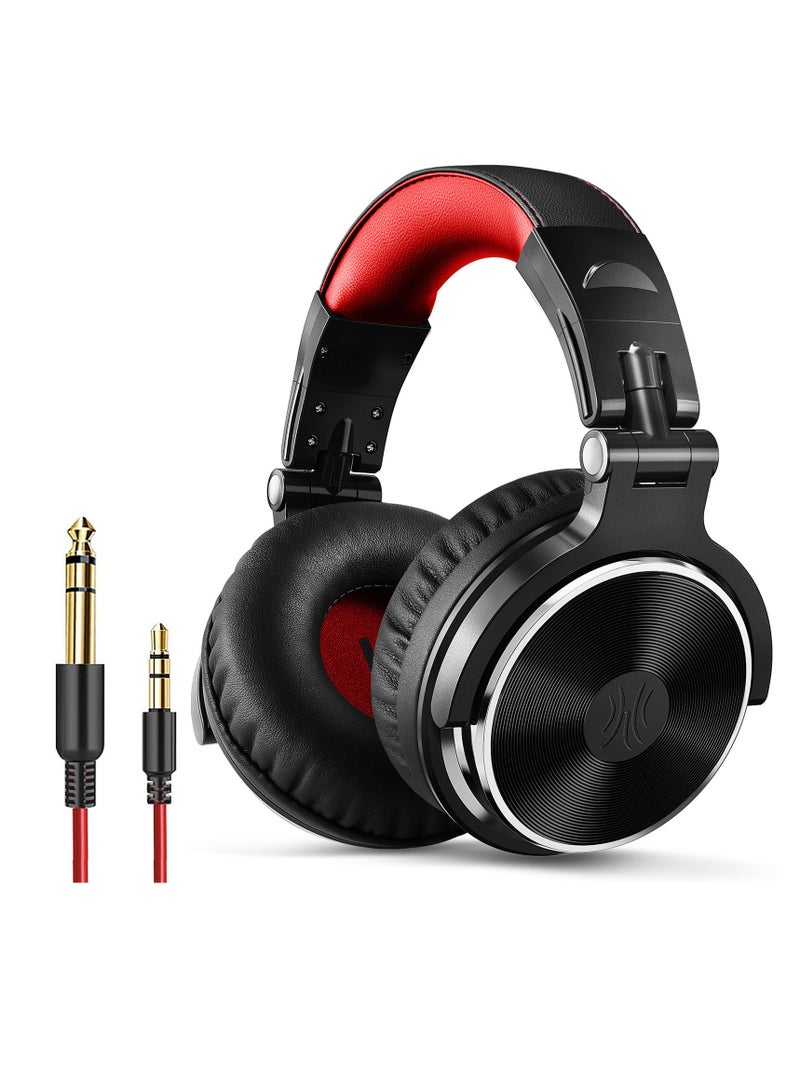 Pro 10 Wired Over-Ear Bass Headset with 50Mm Shareport and Mic for Recording Monitoring Podcast Guitar PC TV Black Red