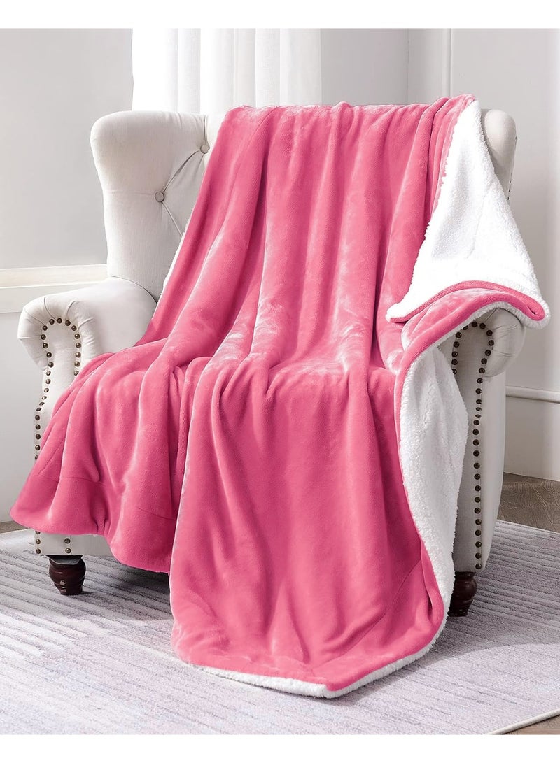 Soft Sheep Reversible Sherpa Blanket King Size for Bed Throw Sofa Travel Flannel Blanket Pink 220x240cm