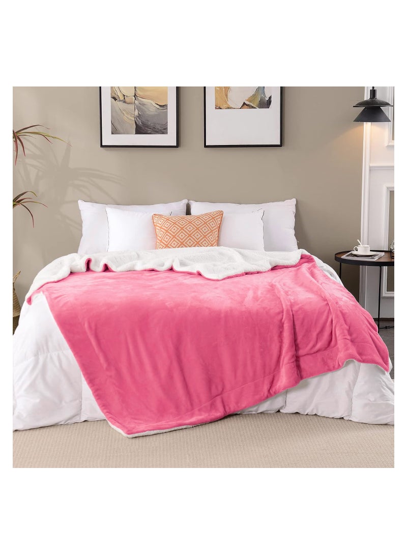 Soft Sheep Reversible Sherpa Blanket King Size for Bed Throw Sofa Travel Flannel Blanket Pink 220x240cm