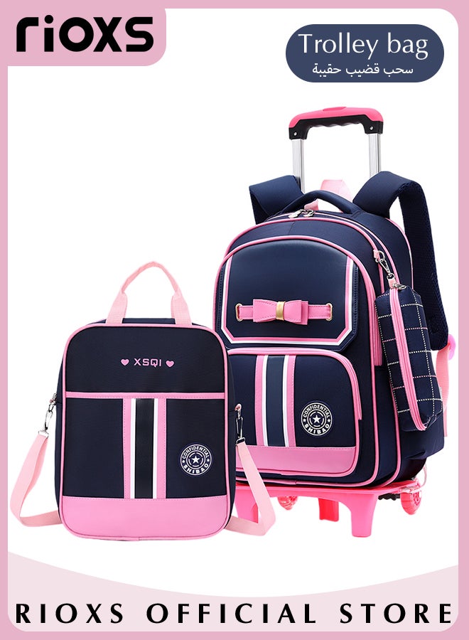 Kids 2 Pcs Rolling Backpacks and Handbag Fashion Printed Trolley School Bags Large Capacity Wheeled Cute Luggage Bag for Elementary Girls Schoolbag