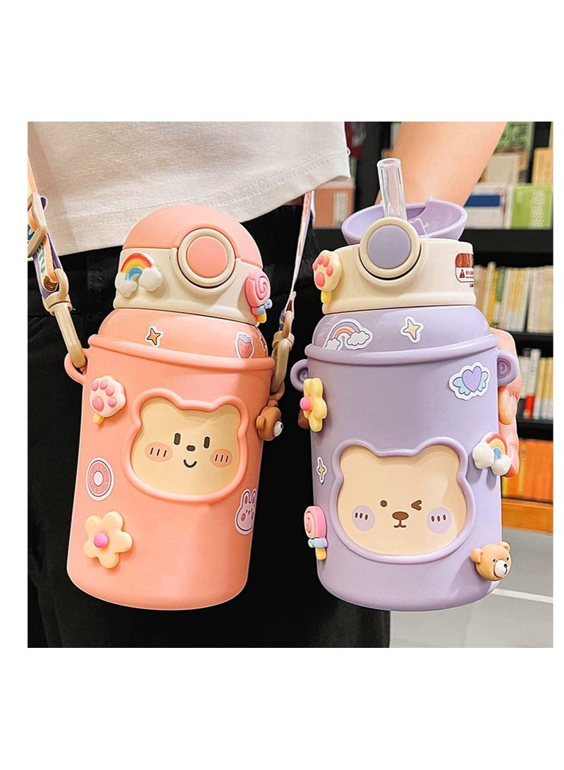 Kawaii Water Bottle for Girls Cute Water Bottles with Straw, Portable Leakproof Kawaii Bear Water Bottle with Adjustable Strap and Sleeve - for School Outdoor Sports Travel, BPA-Free, 24oz (Purple)