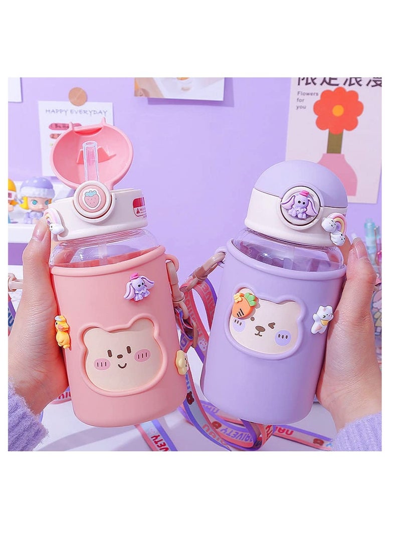 Kawaii Water Bottle for Girls Cute Water Bottles with Straw, Portable Leakproof Kawaii Bear Water Bottle with Adjustable Strap and Sleeve - for School Outdoor Sports Travel, BPA-Free, 24oz (Purple)