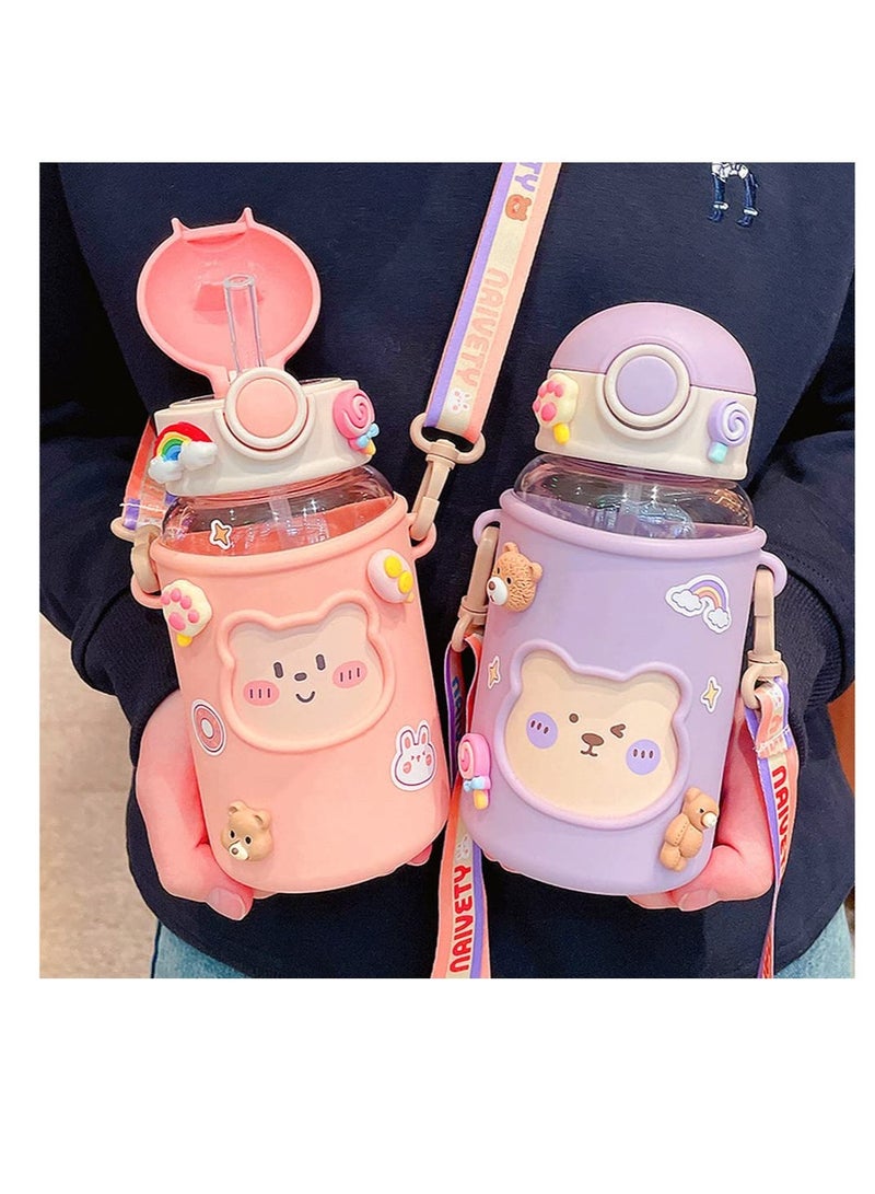 Kawaii Water Bottle for Girls Cute Water Bottles with Straw, Portable Leakproof Kawaii Bear Water Bottle with Adjustable Strap and Sleeve - for School Outdoor Sports Travel, BPA-Free, 24oz (Purple)