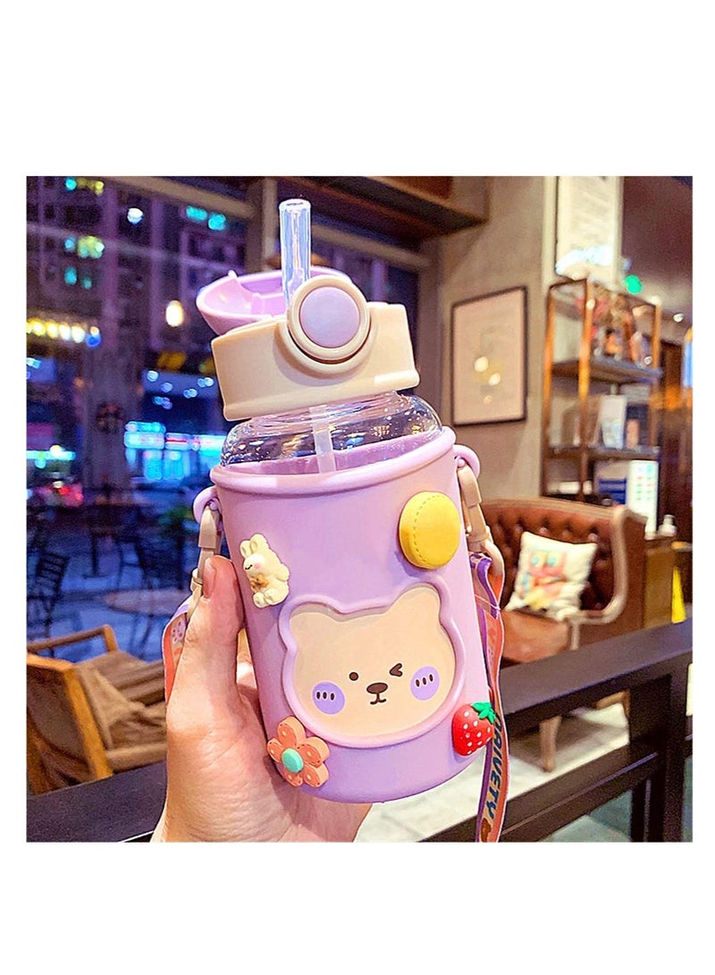 Kawaii Water Bottle for Girls Cute Water Bottles with Straw, Portable Leakproof Kawaii Bear Water Bottle with Adjustable Strap and Sleeve - for School Outdoor Sports Travel, BPA-Free, 24oz (Purple)