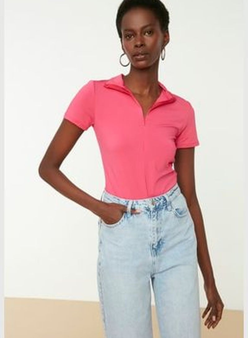 Pink Zipper Standing Collar Zippered Short Sleeves, Flexible Knitted Bodysuit TWOAW21BD0009