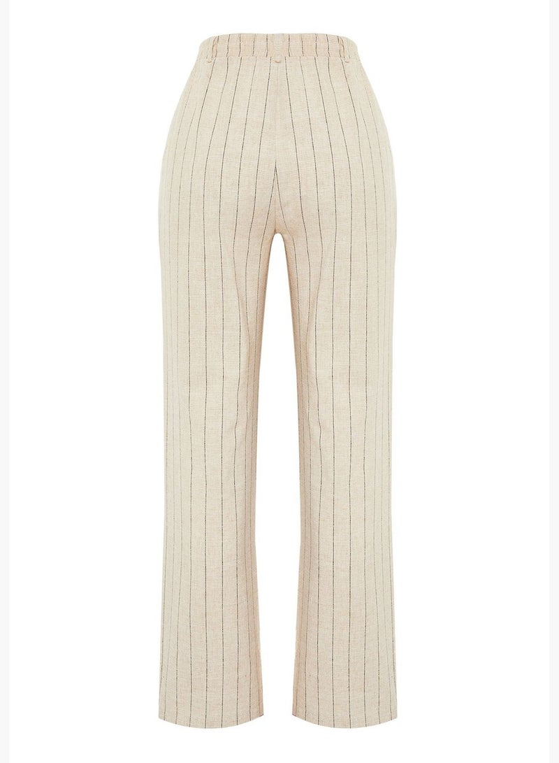 Beige Striped Straight/Straight Cut Cotton Linen Woven Trousers With Elastic Waist Pocket TWOSS24PL00055