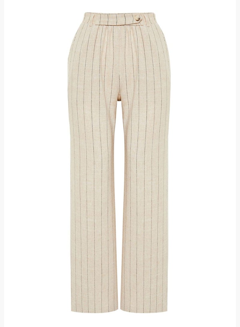Beige Striped Straight/Straight Cut Cotton Linen Woven Trousers With Elastic Waist Pocket TWOSS24PL00055