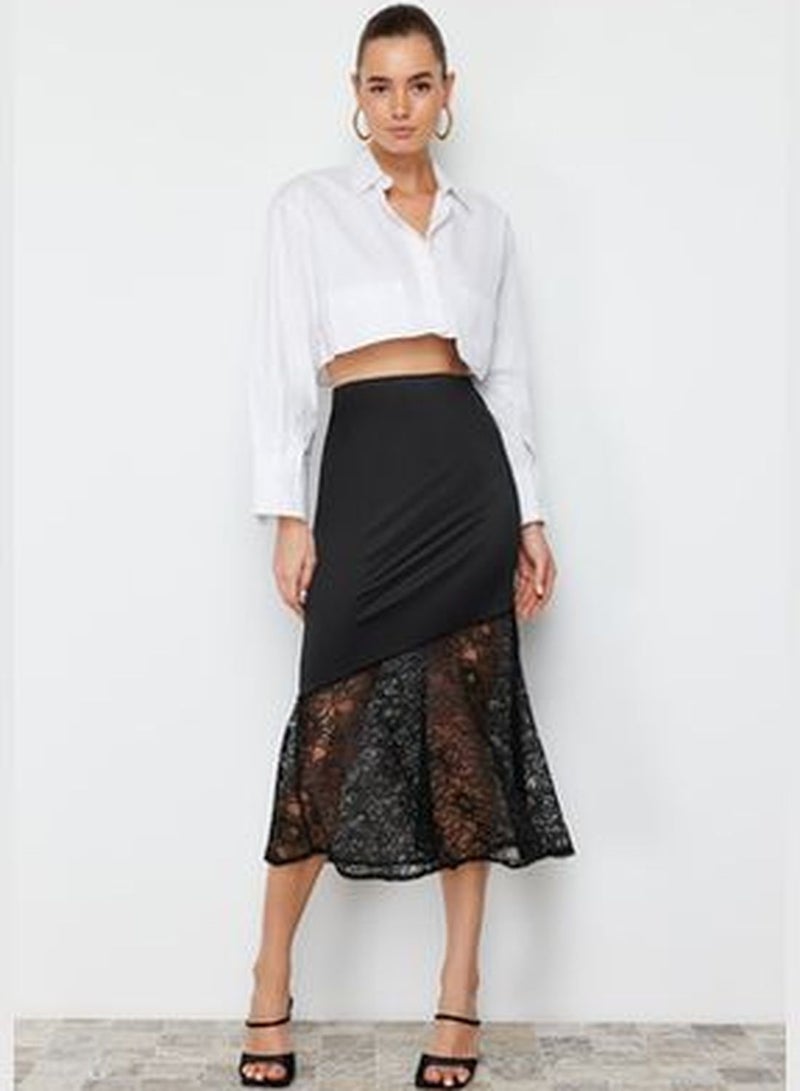 Black Lace Detail Satin Skirt TWOSS24ET00091
