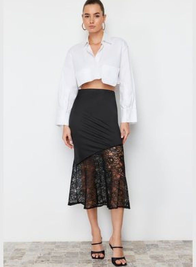 Black Lace Detail Satin Skirt TWOSS24ET00091