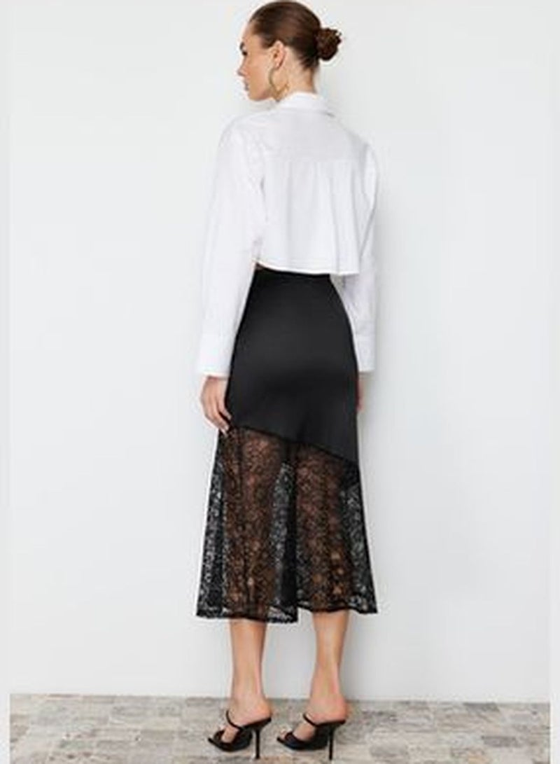 Black Lace Detail Satin Skirt TWOSS24ET00091