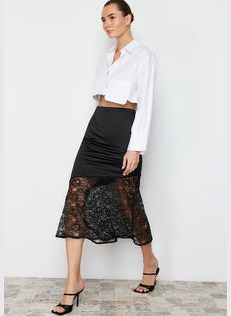 Black Lace Detail Satin Skirt TWOSS24ET00091