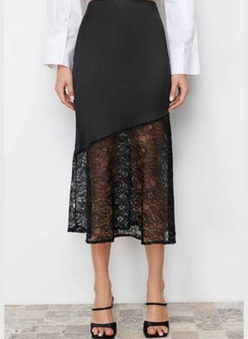 Black Lace Detail Satin Skirt TWOSS24ET00091