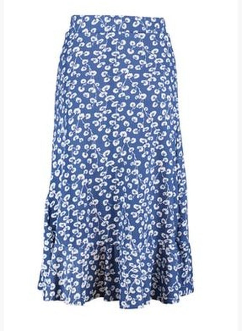 Blue Printed High Waist Midi Elastic Knitted Skirt with Ruffles and Ruffles TWOSS21ET0029