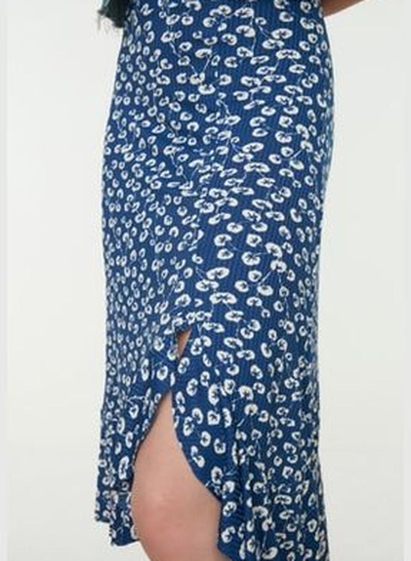 Blue Printed High Waist Midi Elastic Knitted Skirt with Ruffles and Ruffles TWOSS21ET0029