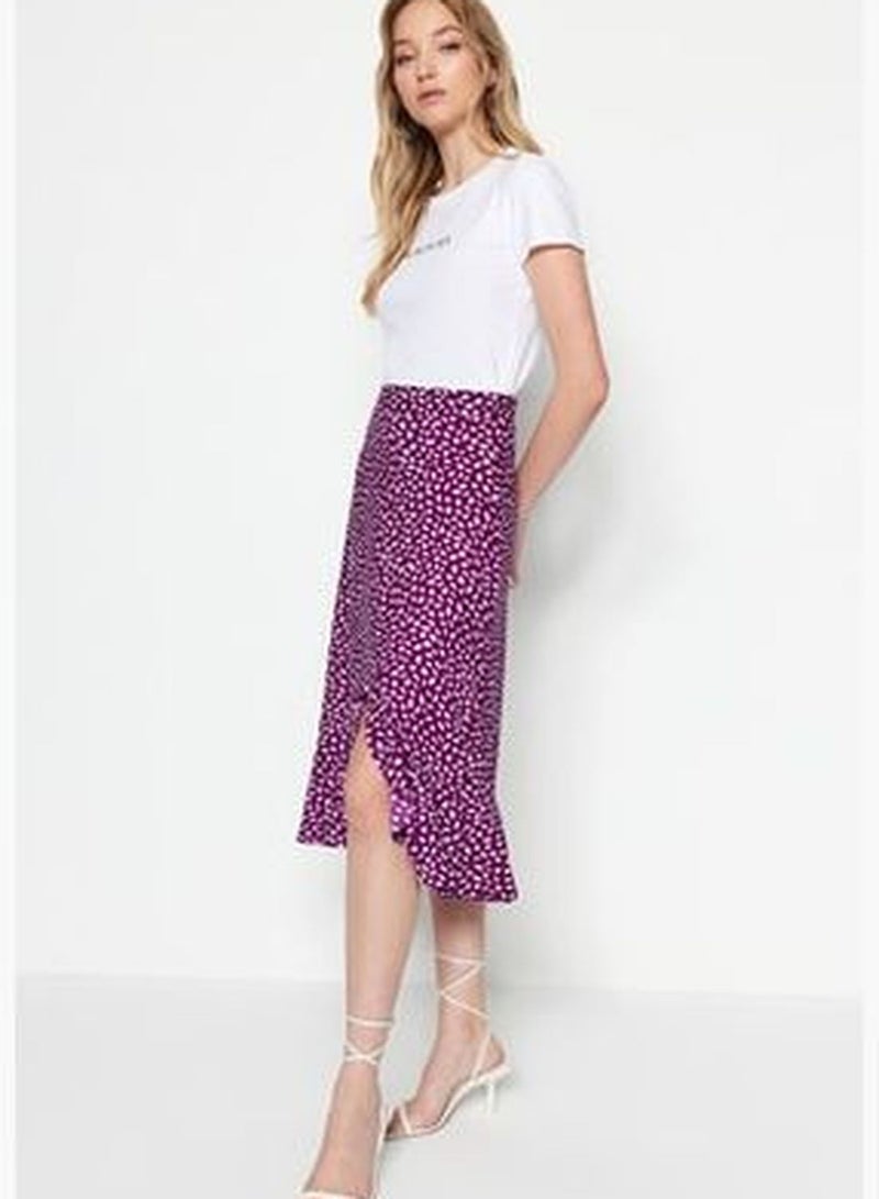 Purple Printed High Waist Midi Elastic Knitted Skirt with Ruffles and Ruffles TWOSS21ET0029