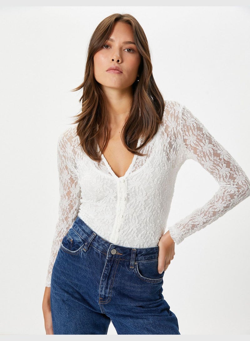 Long Sleeve Slim Fit Buttoned Lacy Shirt