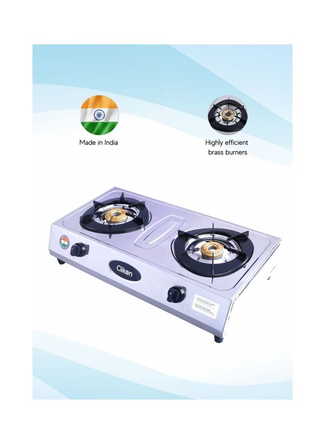 Auto Ignition, High Efficiency 2 Burner Gas Stove with Heavy Gauge Stainless Steel Body, Automatic Ignition, For LPG Use Only CK4287 Silver and black