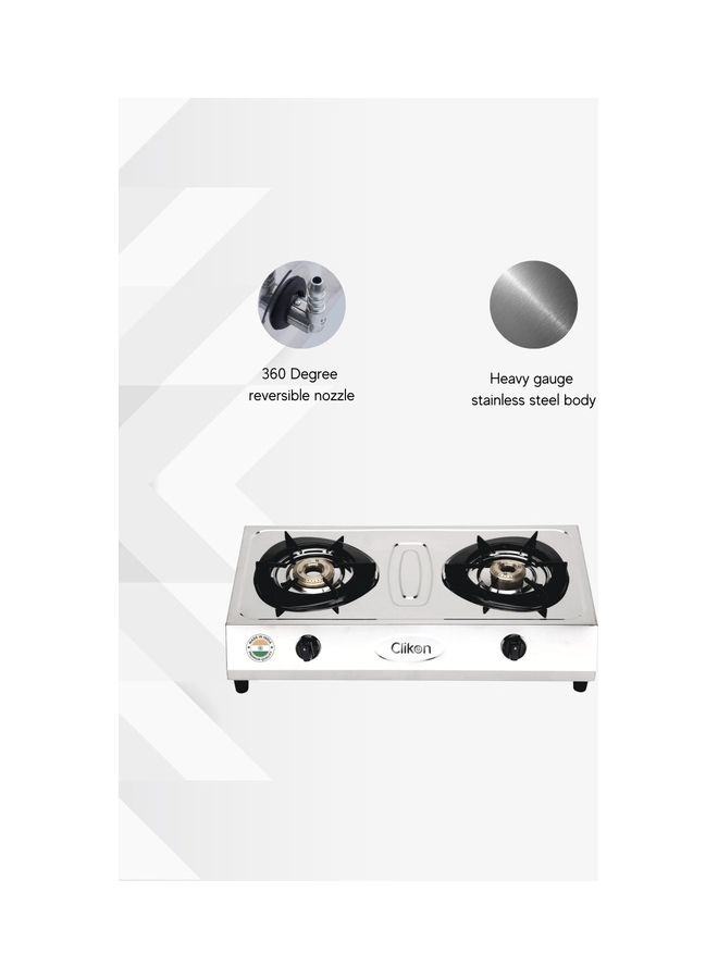 Auto Ignition, High Efficiency 2 Burner Gas Stove with Heavy Gauge Stainless Steel Body, Automatic Ignition, For LPG Use Only CK4287 Silver and black