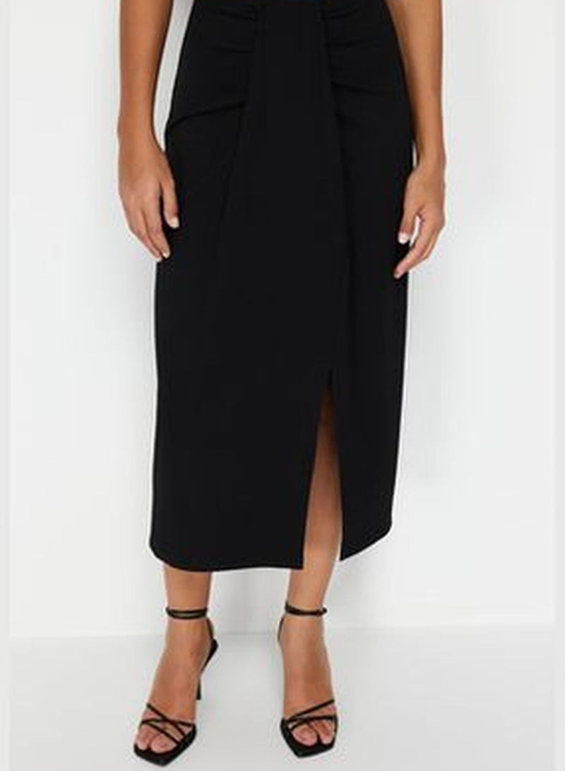 Black Gathered Detail Elastic Midi Skirt TWOSS24ET00088
