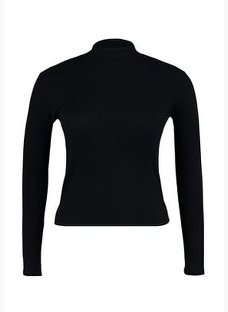 Black Fitted Stand-Up Collar Corduroy Knitted Blouse TBBAW23AF00003