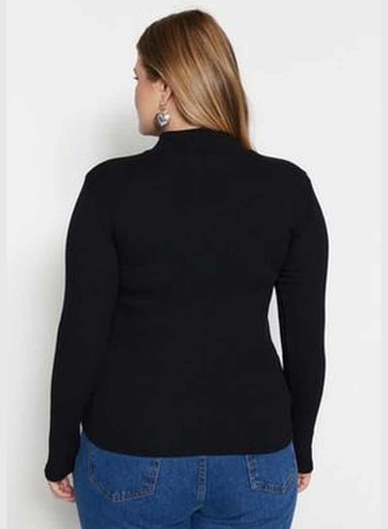 Black Fitted Stand-Up Collar Corduroy Knitted Blouse TBBAW23AF00003