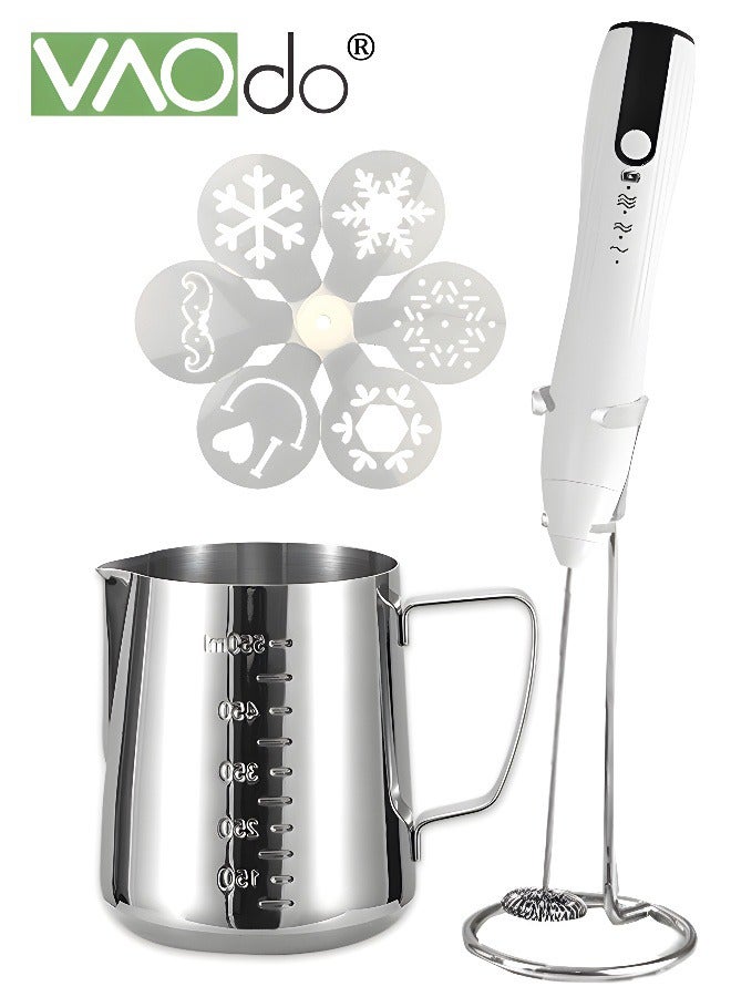 Milk Frother Handheld Coffee Art Set with Milk Frother Pitcher Latte Art Pen Coffee Stencils Mini Hand Blender with Holder White