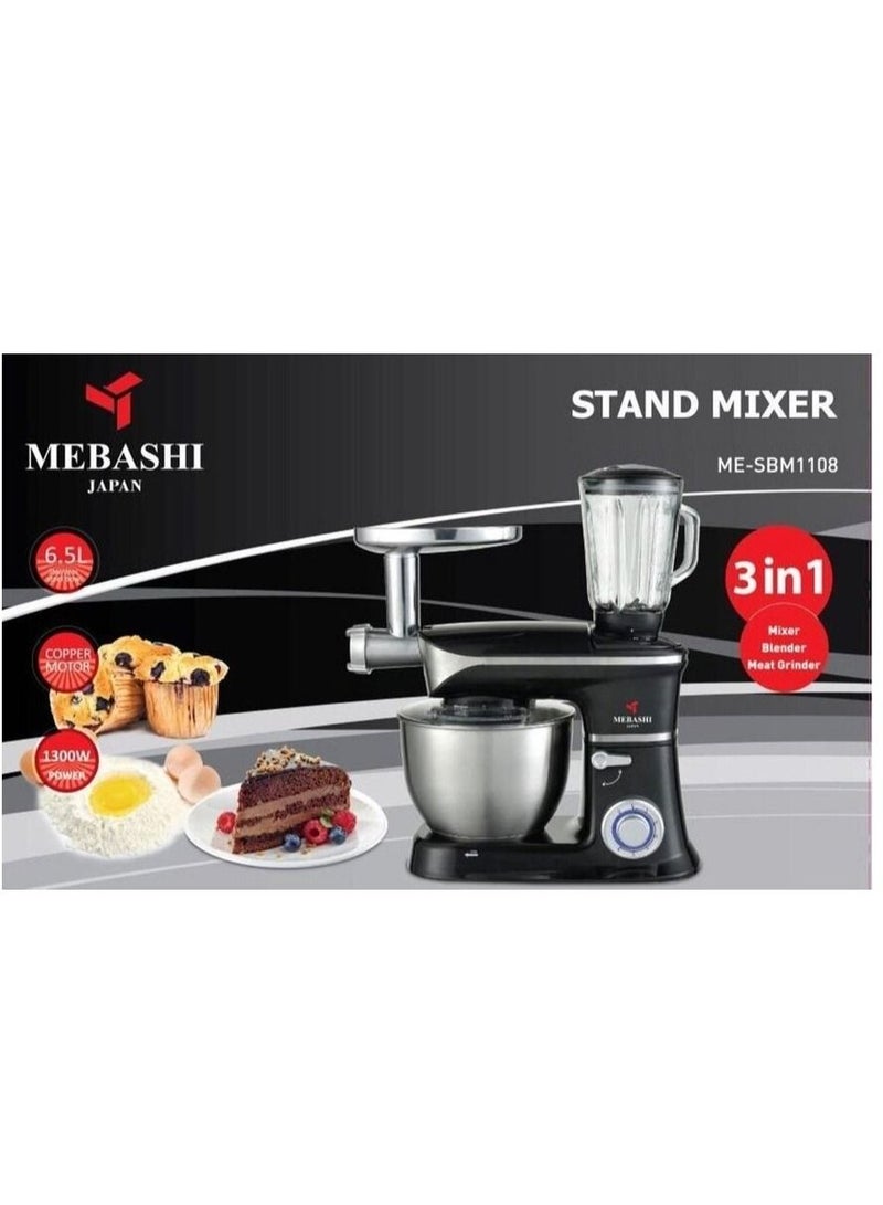 Mebashi 3-in-1 Stand Bowl Mixer Kitchen Machine, 1300W With 6.7L Stainless Steel Bowl K-Beater, Whisk, Dough Hook, Blender (ME-SBM1108B)(Black)