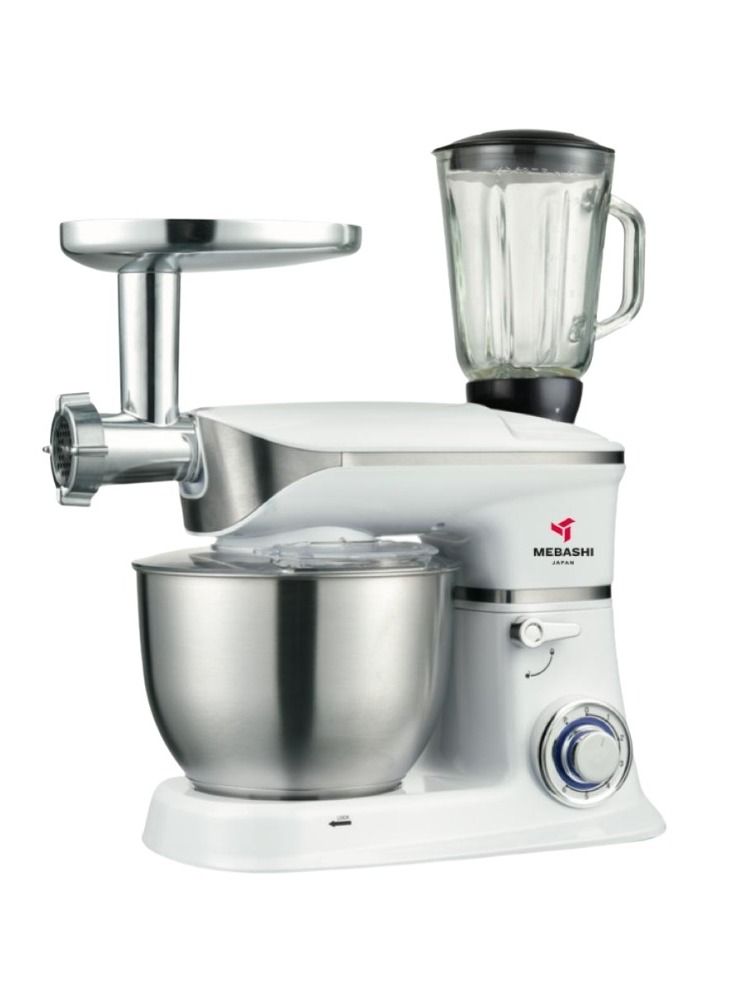 Mebashi 3-in-1 Stand Bowl Mixer Kitchen Machine, 1300W With 6.7L Stainless Steel Bowl K-Beater, Whisk, Dough Hook, Blender(ME-SBM1108W) (White)