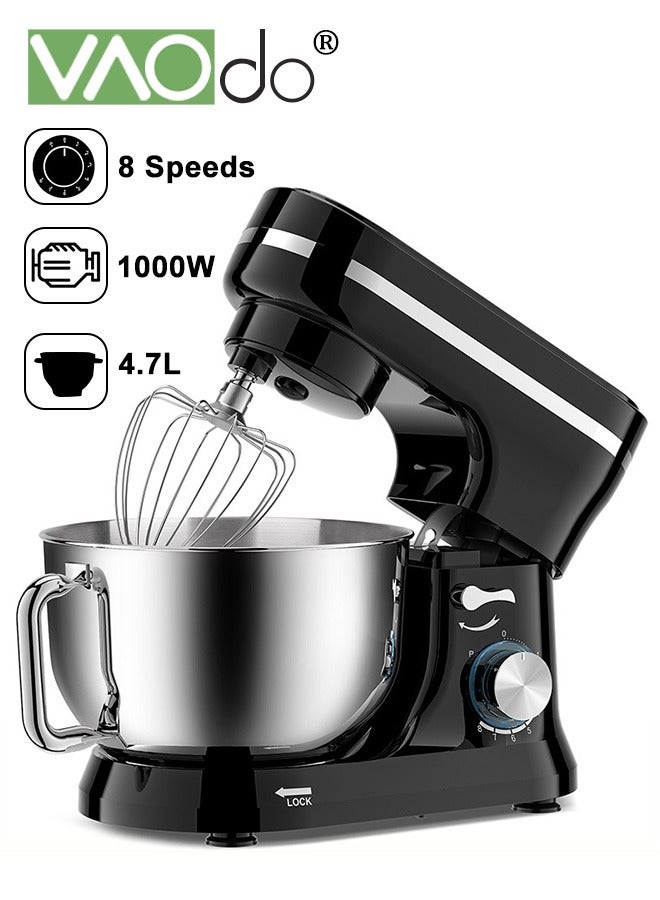 Electric Stand Mixer 1000W 8 Speeds 4.7L Stainless Steel Bowl Dough Hook Wire Whip Beater for Most Home Cooks Black