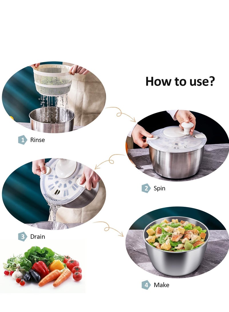 Fruits Vegetable Salad Dehydrator Dryer and Washer : Salad Spinner, Oil Shaker, Anti-Shake, Easy Drain, Compact Storage (stainless_steel)