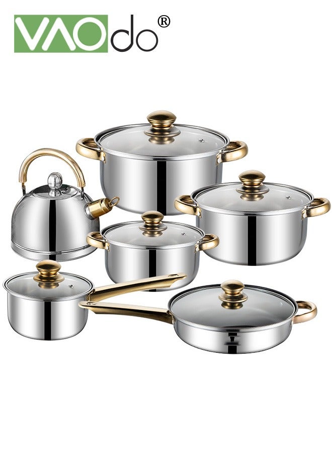 12PCS Stainless Steel pots and pans Kitchen Cookware Set Works with Induction Electric and Gas Cooktops Dishwasher Pots and Pans Kitchen Cooking Set with Stay-Cool Handles