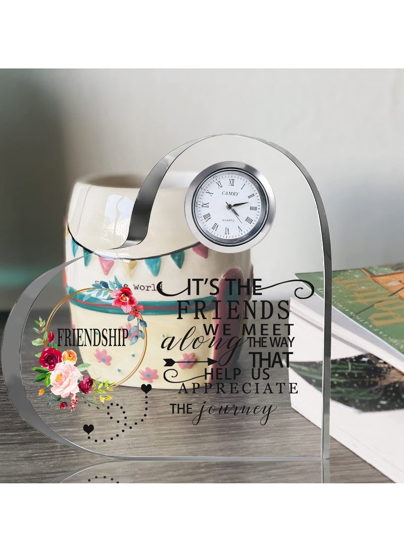 Friendship Gifts for Women Friends Crystal Heart 5.9Inch Large Flower Glass with Clock Unique Best Gifts for Women Her Friend Plaque Birthday Gift Idea for Friend Female Presents