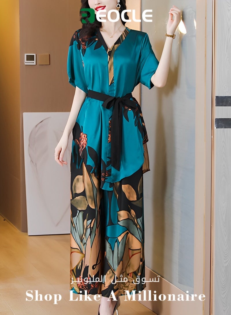 Simulated Silk Design Printed Mid-length Shirt Wide-leg Pants Fashionable Two-piece Suit for Women Comfortable and Skin-friendly in Summer