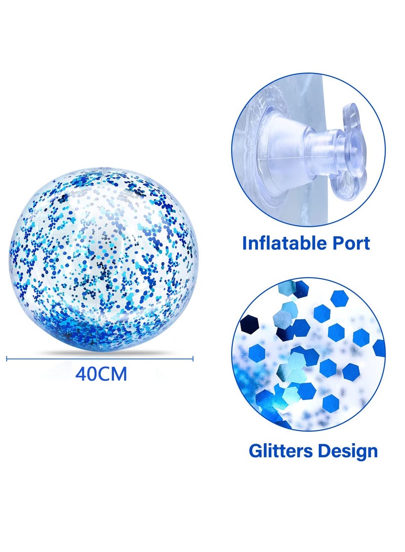 Inflatable Beach Ball, Color Confetti Transparent Pool Party Ball 40 cm Elastic Floating Water Toy Ball Water Play Blue Sequins Ball Suitable for Boys and Girls Summer Beach, Pool (8 Pieces)