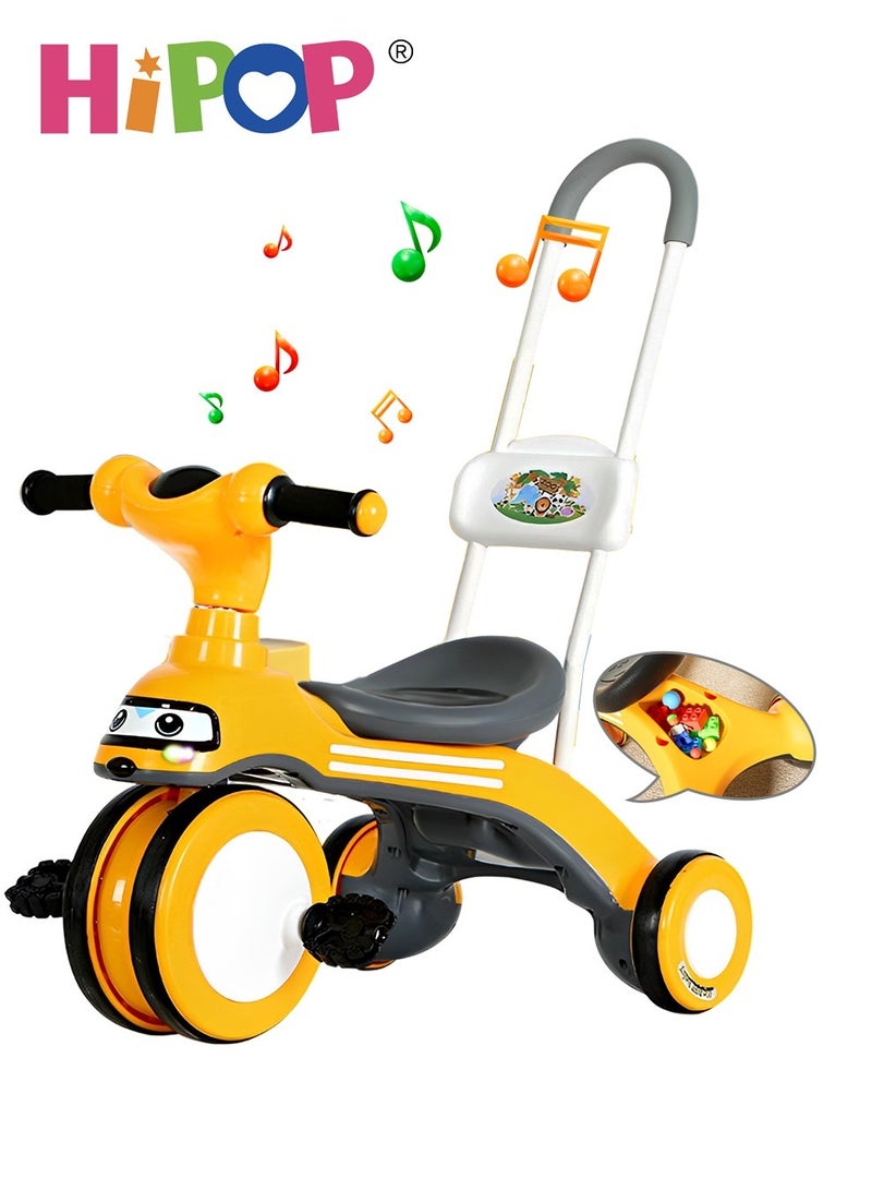 Children's Tricycle with Removable Push Handle,Music and Lights,Rear Storage Area,Silent Wheel,Ride On Toy for Kids