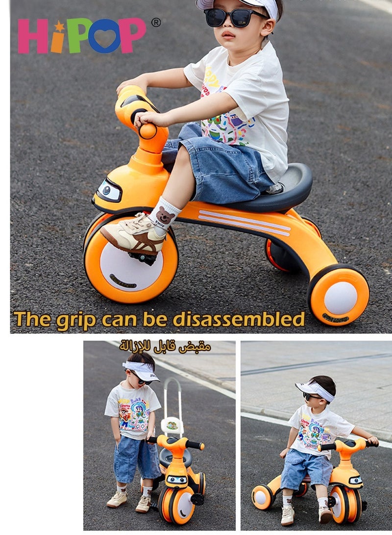 Children's Tricycle with Removable Push Handle,Music and Lights,Rear Storage Area,Silent Wheel,Ride On Toy for Kids