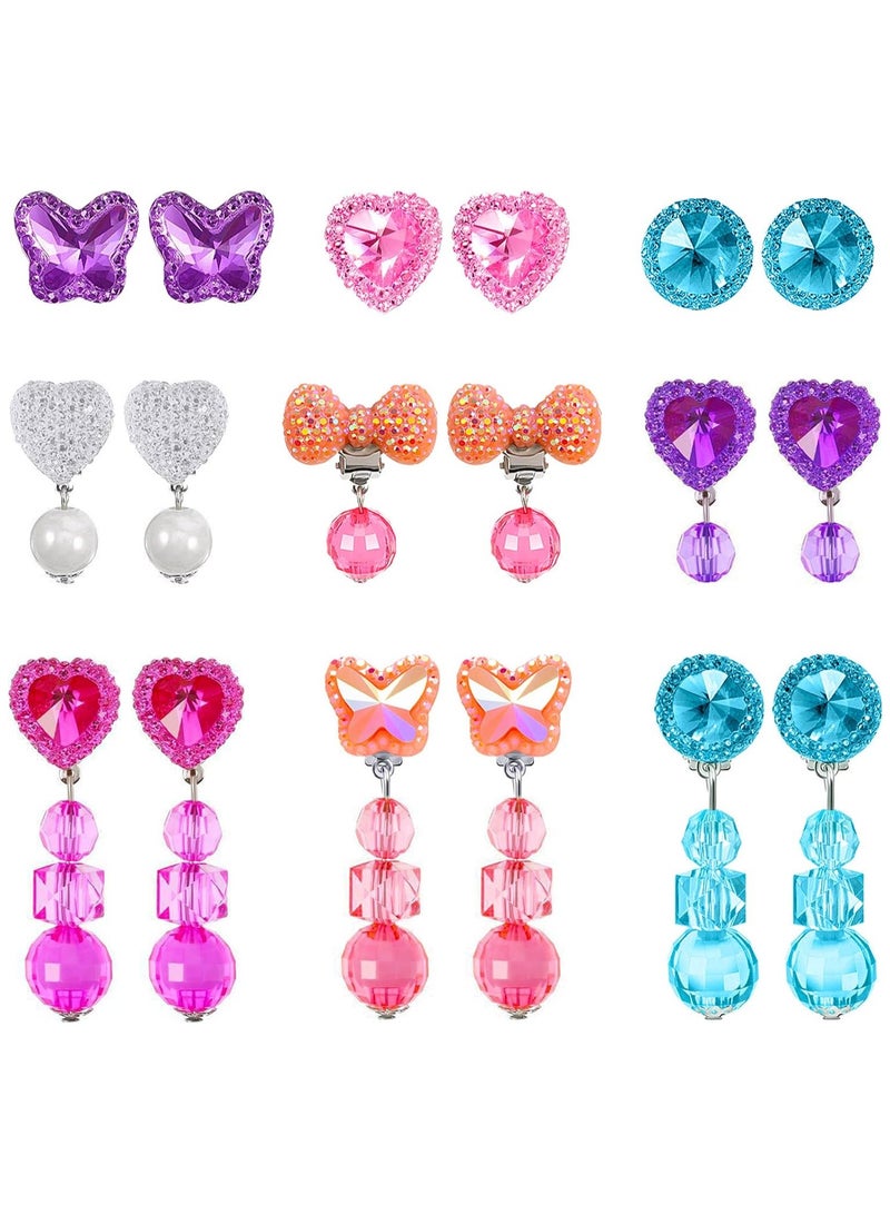 9 Pairs Girls Clip-on Earrings Pretend Princess Play Earrings Girl Party Favor Princess Clip on Earrings Pretend Play Earrings for Little Girl Kids Toddlers Jewelry Set