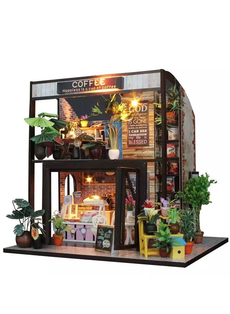 DIY Dollhouse Miniature with Furniture, DIY Wooden Dollhouse Kit Plus Dust Proof and Music Movement, Creative Room for Valentine's Day Gift Idea (Time of Coffee)