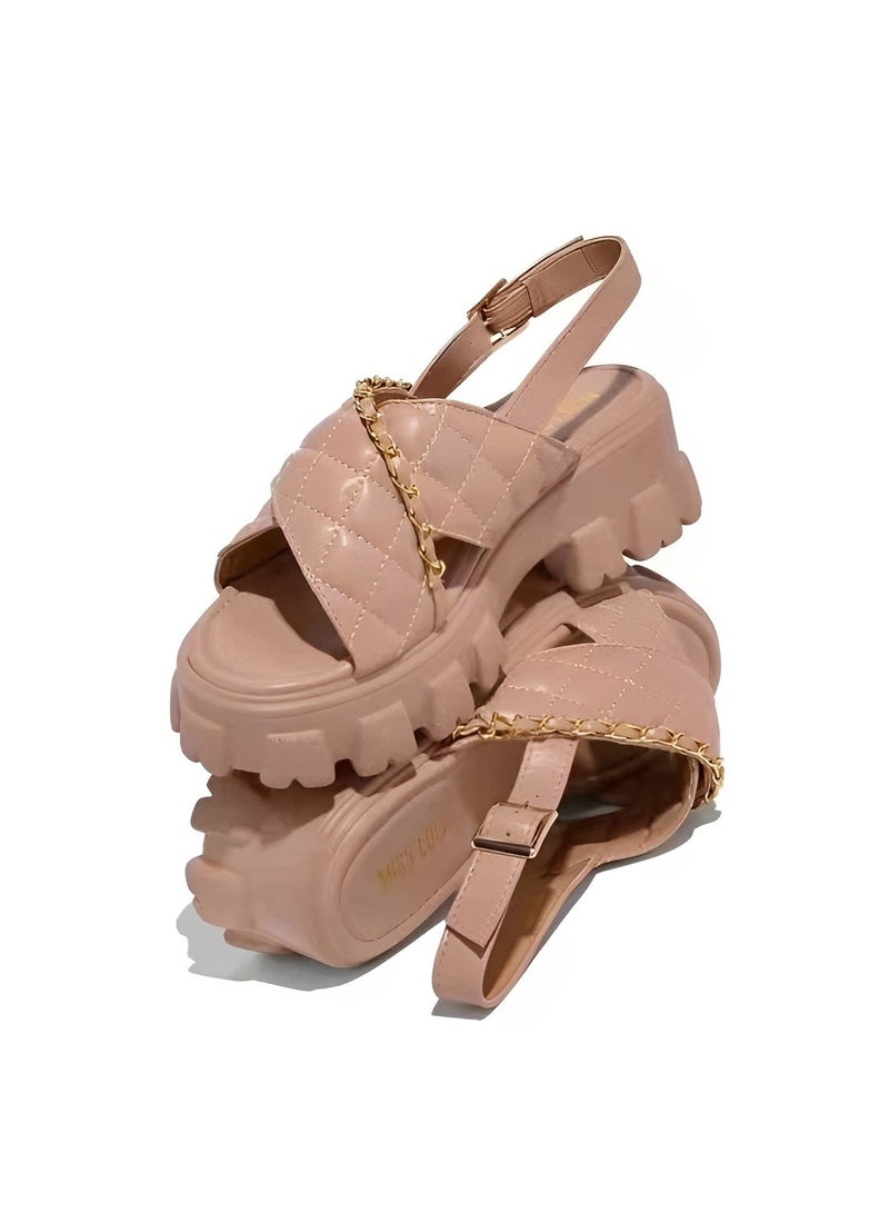 Women's Open Toe Sandals Platform Wedge Sandals with Chain Decoration Adjustable Ankle Strap Cross Strap Ankle Buckle Lightweight Sandals Summer Shoes