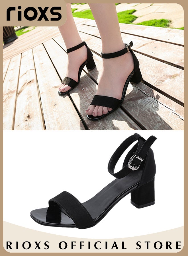 Women's Fashion High Heel Sandals Casual Ankle Strap Chunky Heel Shoes Lightweight Square Toe Shoes