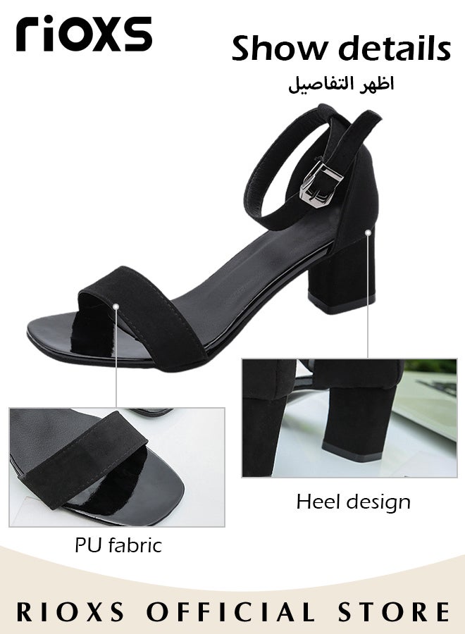 Women's Fashion High Heel Sandals Casual Ankle Strap Chunky Heel Shoes Lightweight Square Toe Shoes