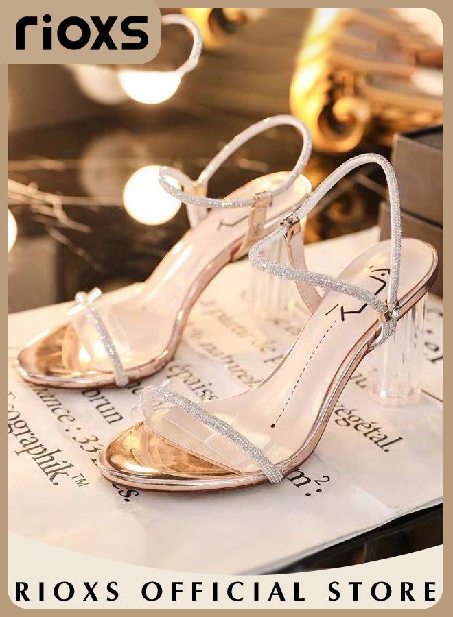 Women's Fashion Crystal High Heel Sandals Ankle Strap Round Open Toe Transparent Chunky Hirh Heel Sandals For Work and Party